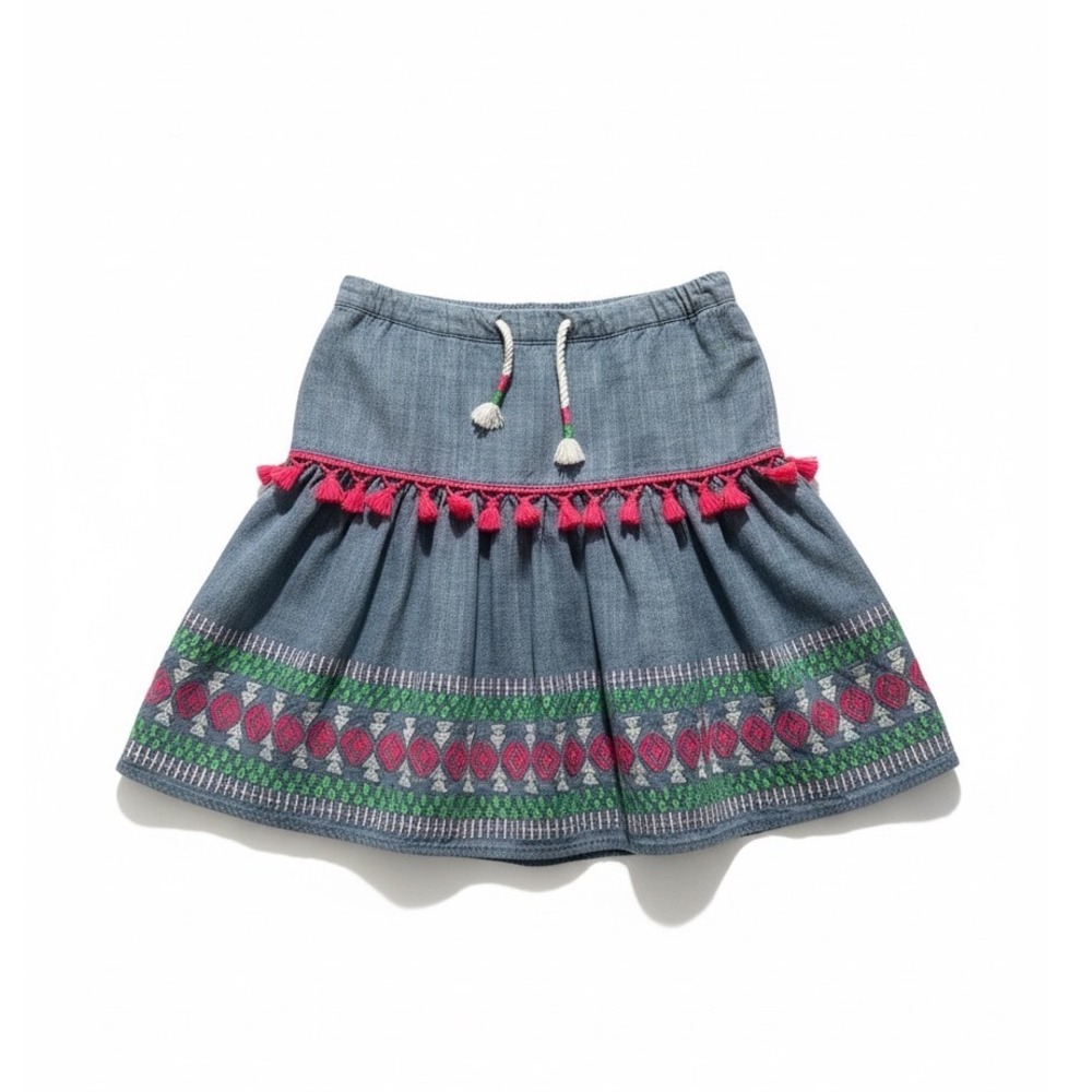 Cat & Jack Embroidered Tassel Chambray Skirt Blue L Size 10/12